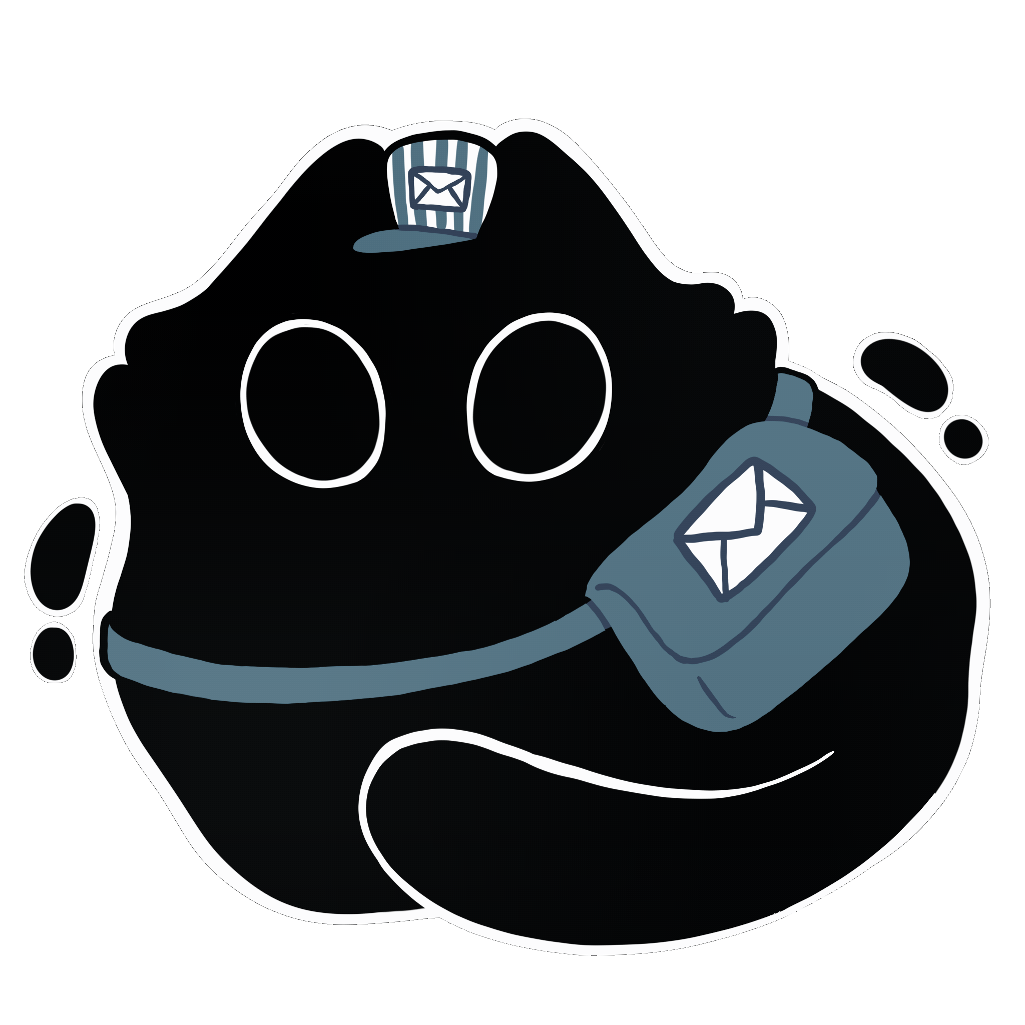 Black bloby cat wearing a blue and white striped mail cap and wearing a blue mail bag with white letter on it