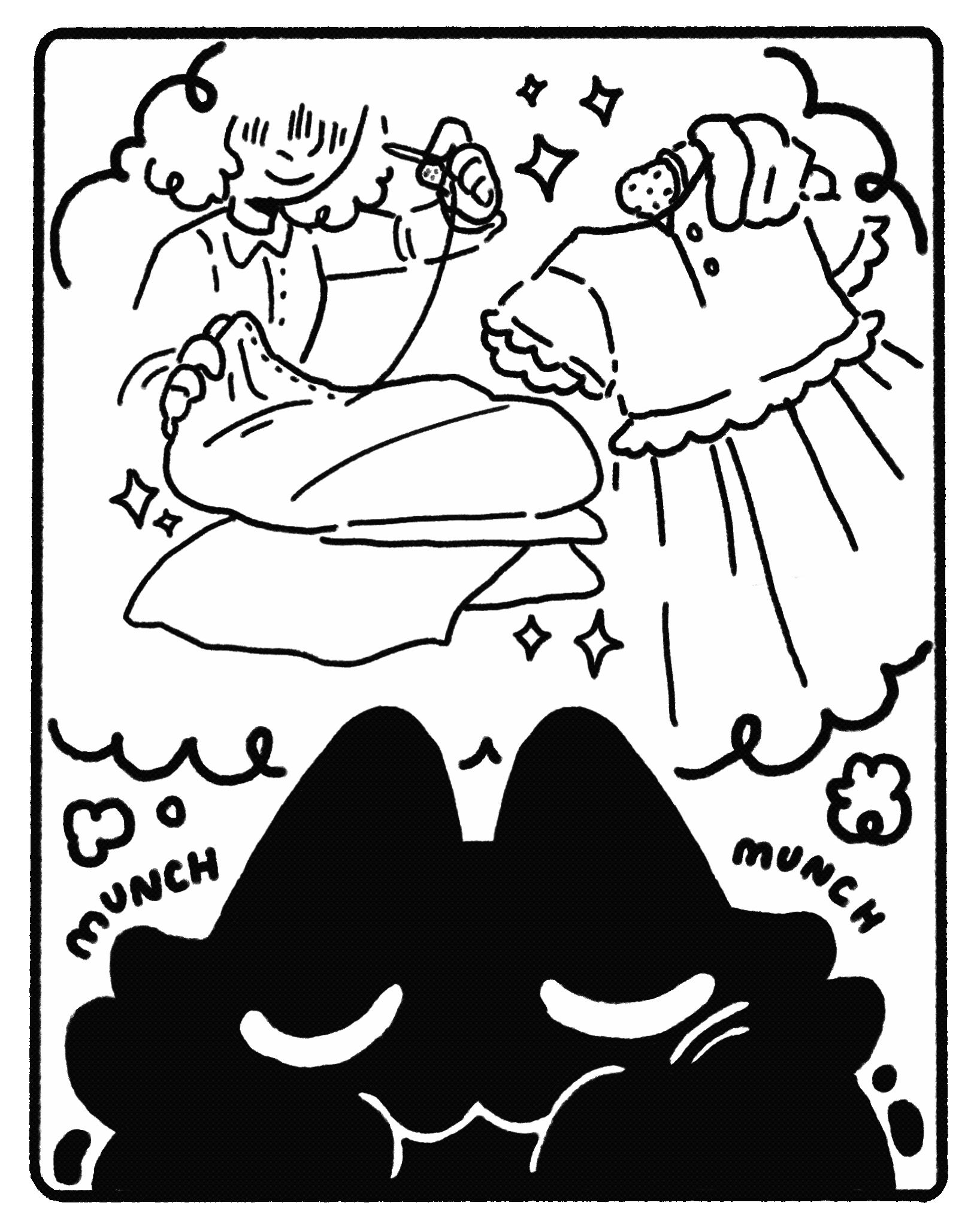 Comic Frame three: Voidblob, a black blob cat, munches on a thimble, it sees memories of the thimble being used to sew a dress